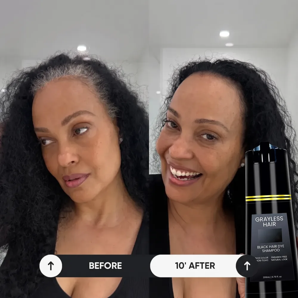 Before and after 10 minutes: woman's gray roots fully covered in natural black