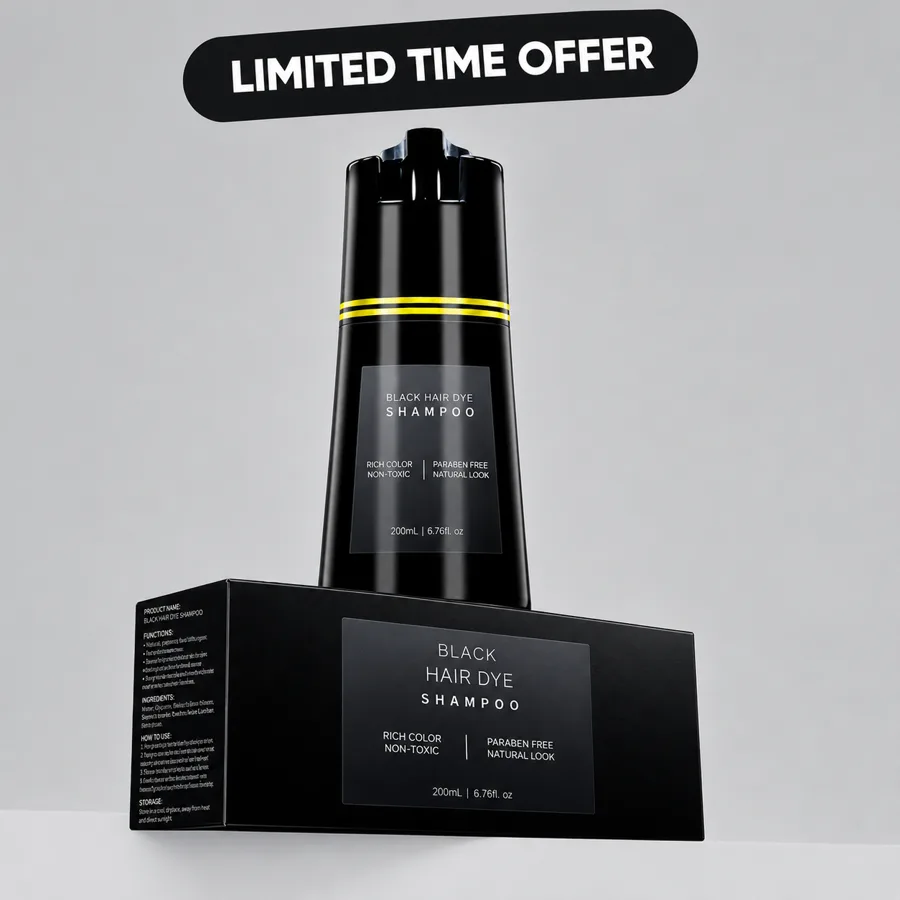 Graylesshair Black Hair Dye Shampoo bottle on its box with a Limited Time Offer label